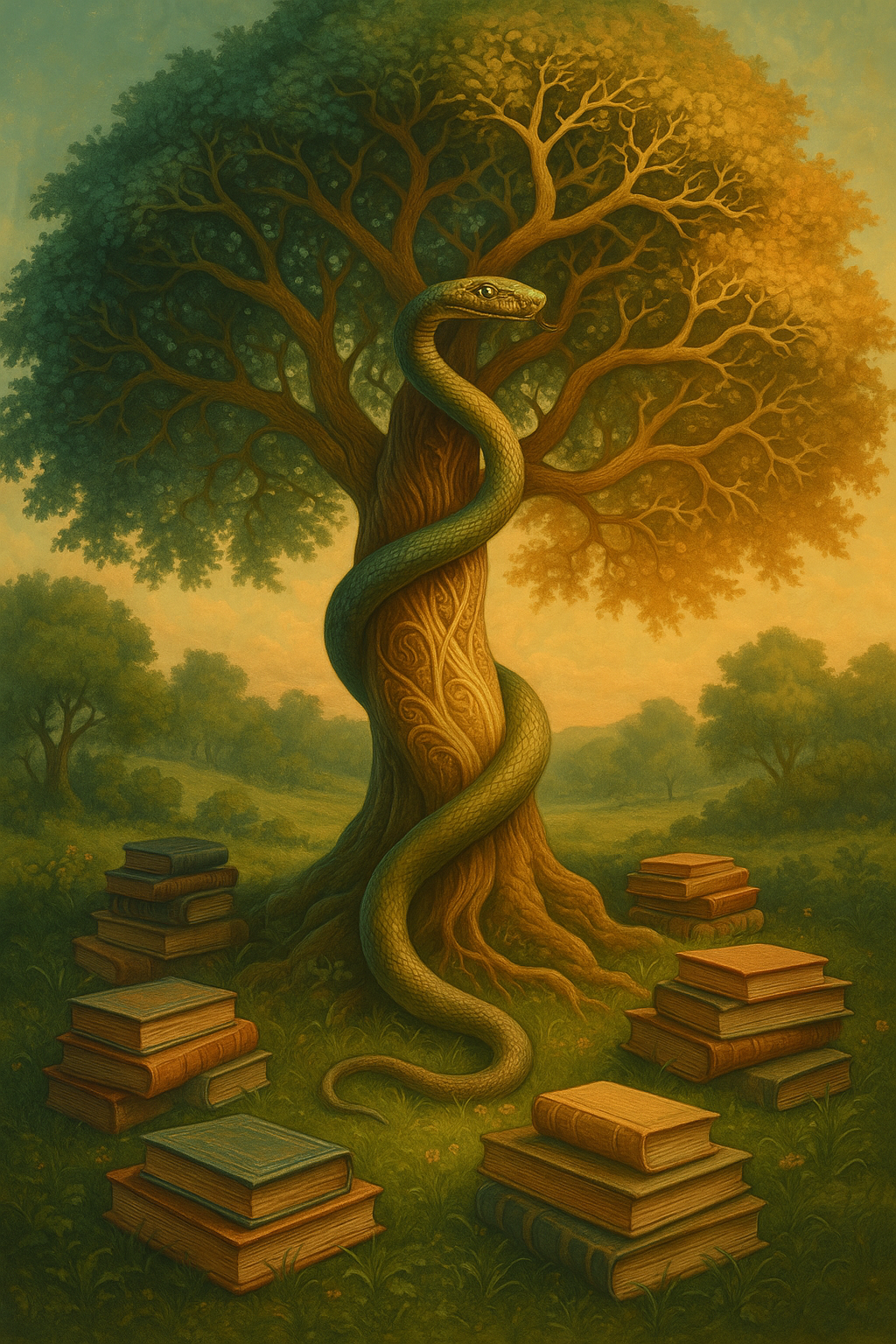 Garden of knowledge: central tree with serpent and scattered books