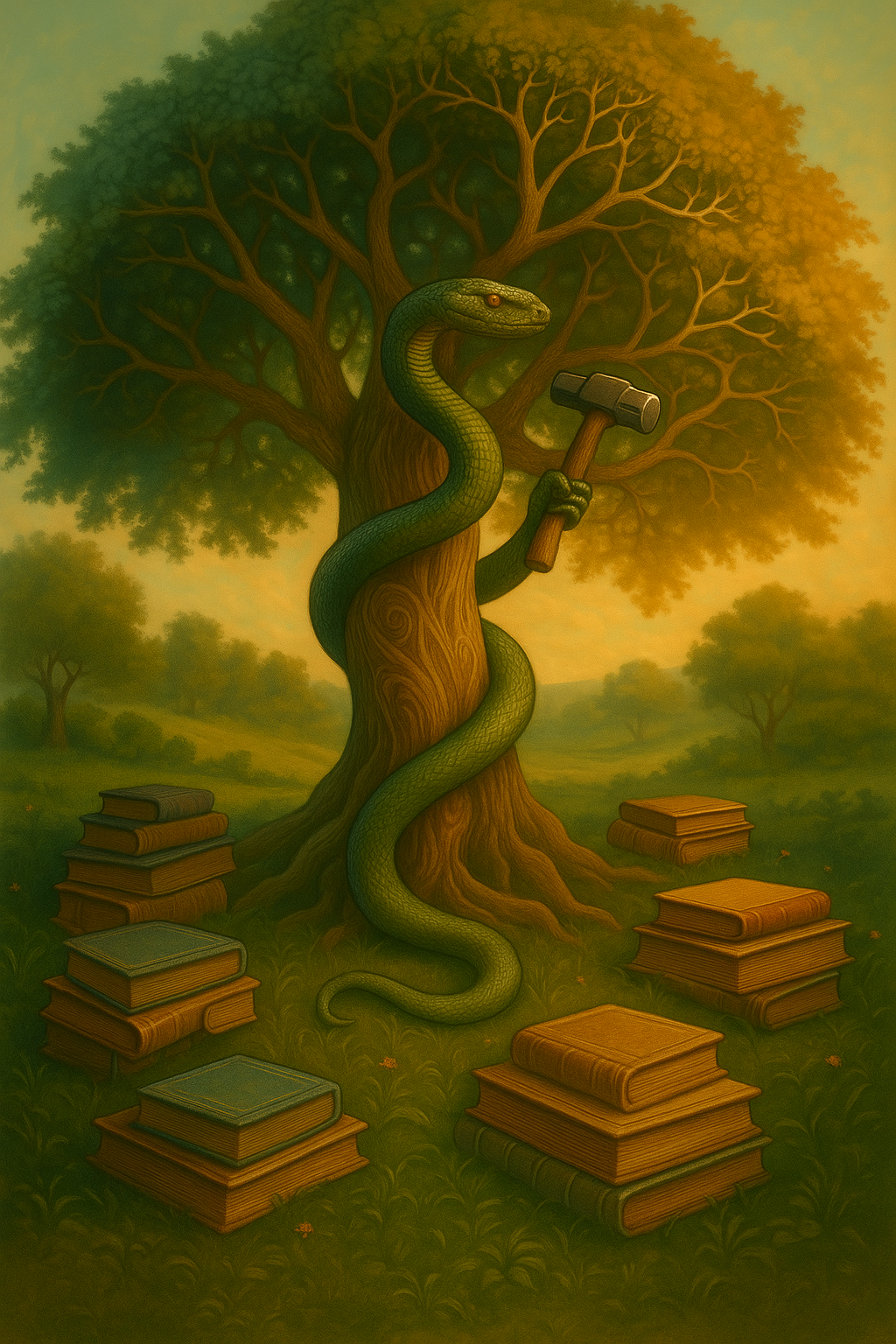 Garden of knowledge: central tree with serpent and scattered books